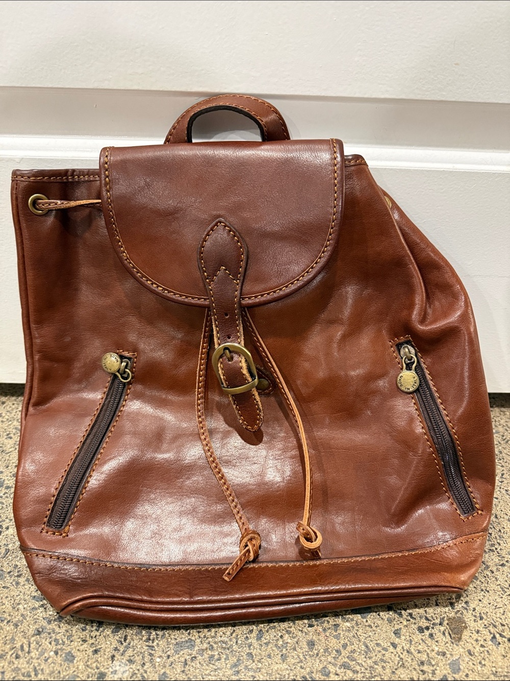 Brown Leather Drawstring Backpack